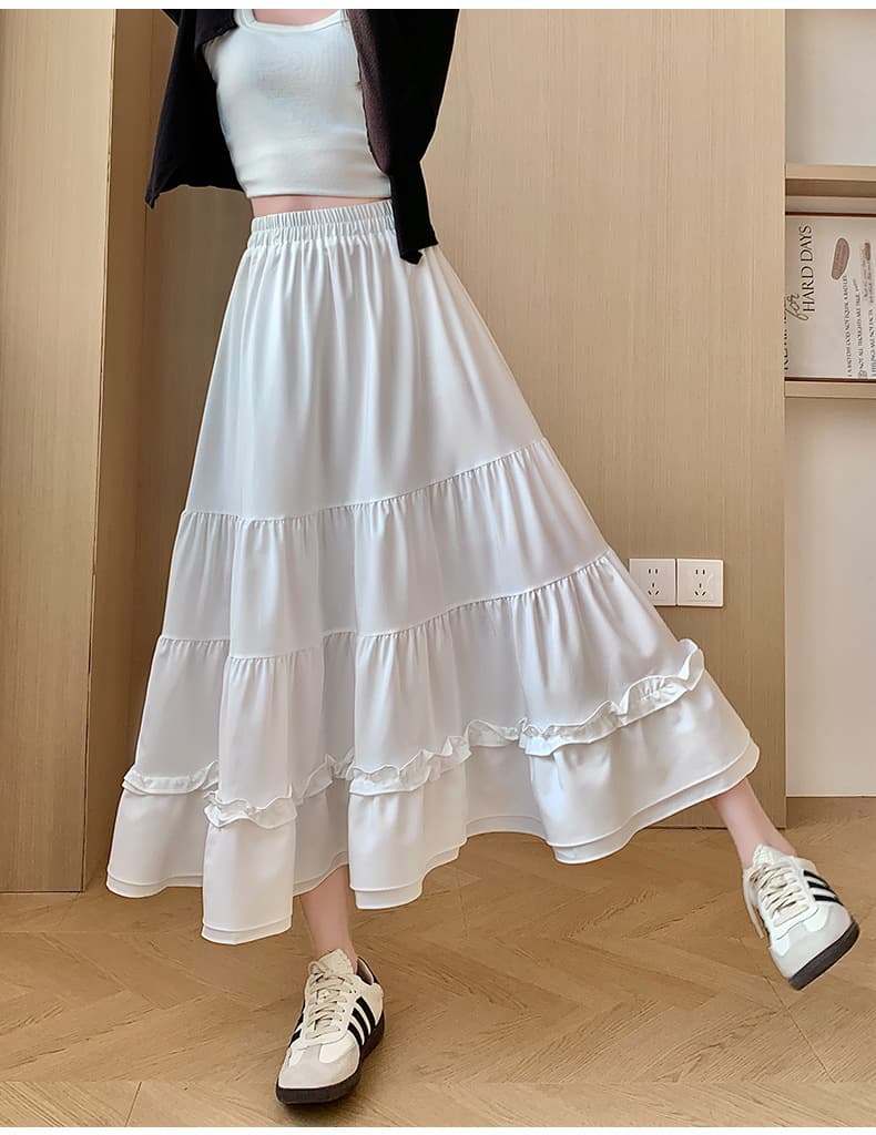 白スカート ふんわりティアードマキシスカート