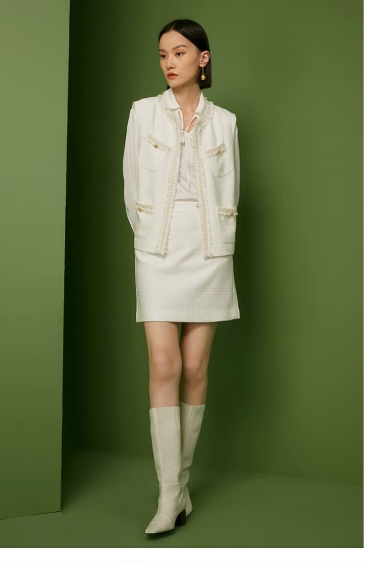 白スカート フリンジ装飾ミニタイトスカート