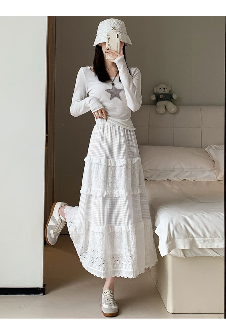 白スカート 優美な多段ティアードプリーツスカート