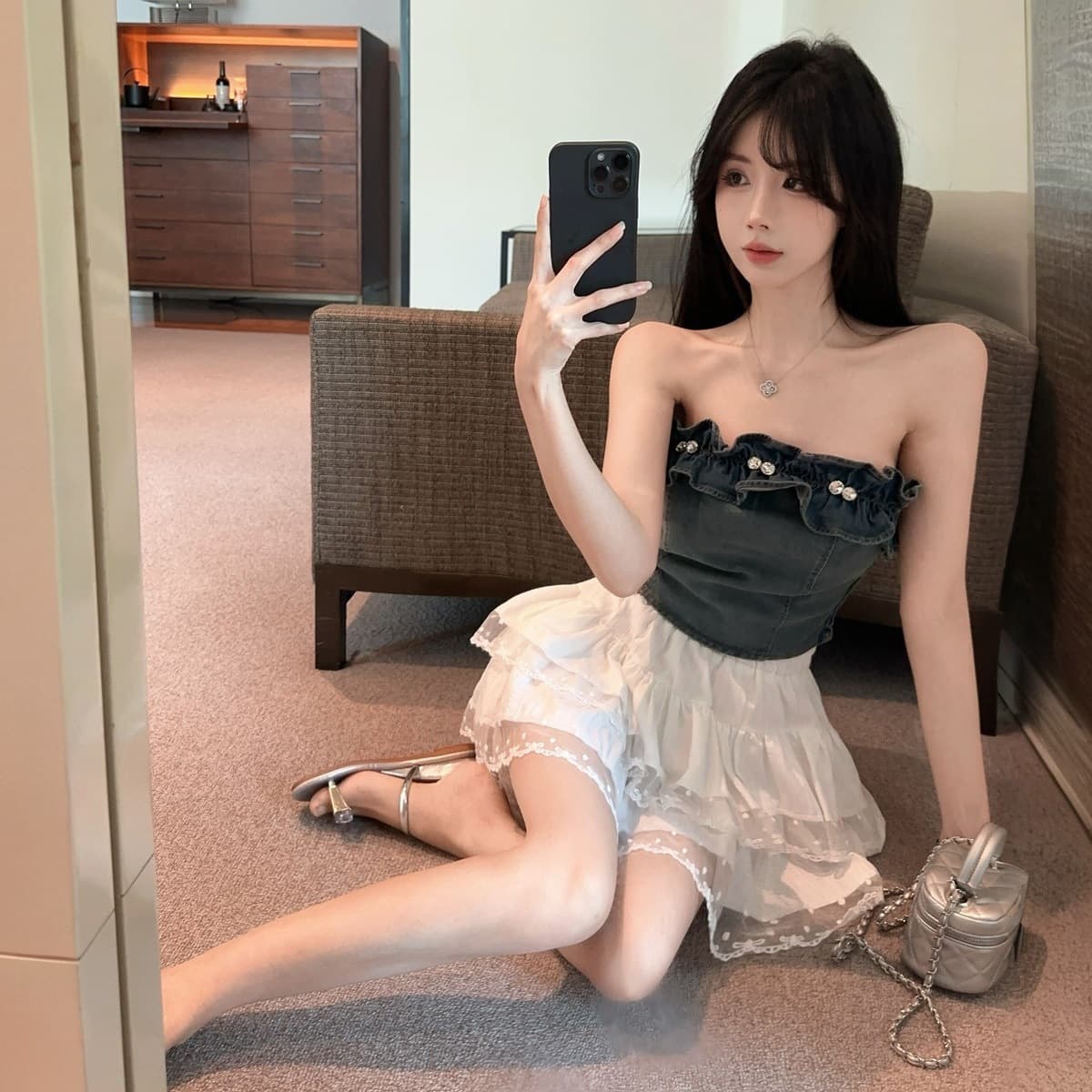白スカート フリル重ね レースミニスカート
