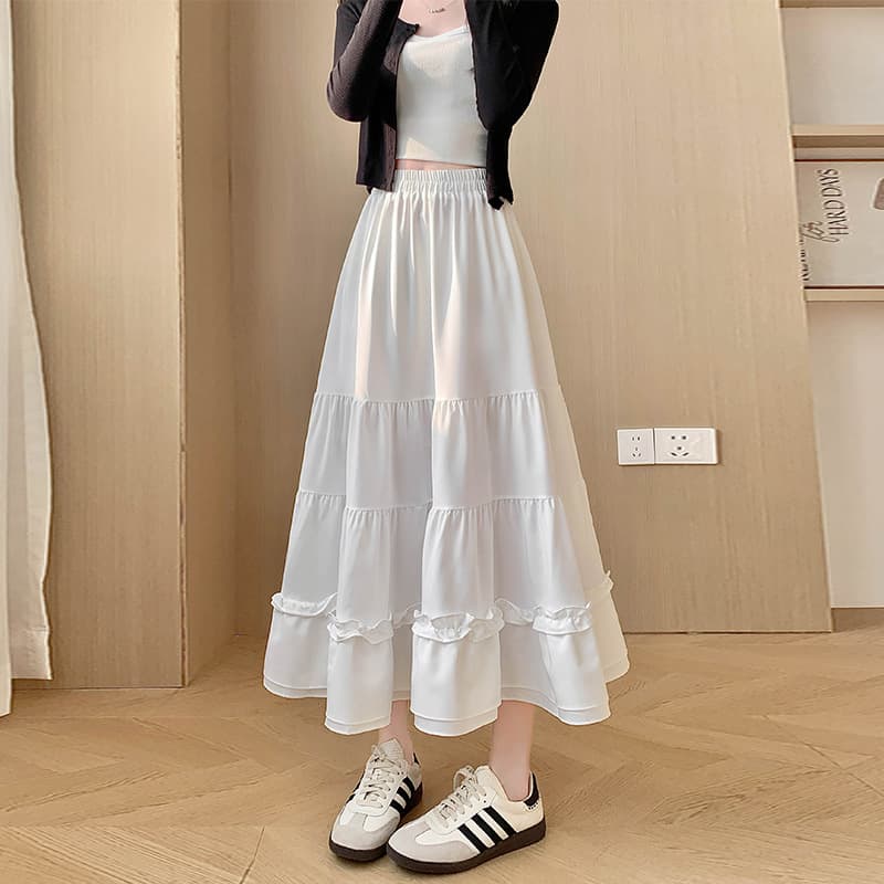 白スカート ふんわりティアードマキシスカート