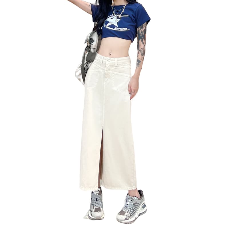 白スカート シンプルロングスリットデニムスカート