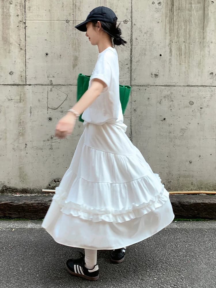 白スカート ティアードフリルロングスカート