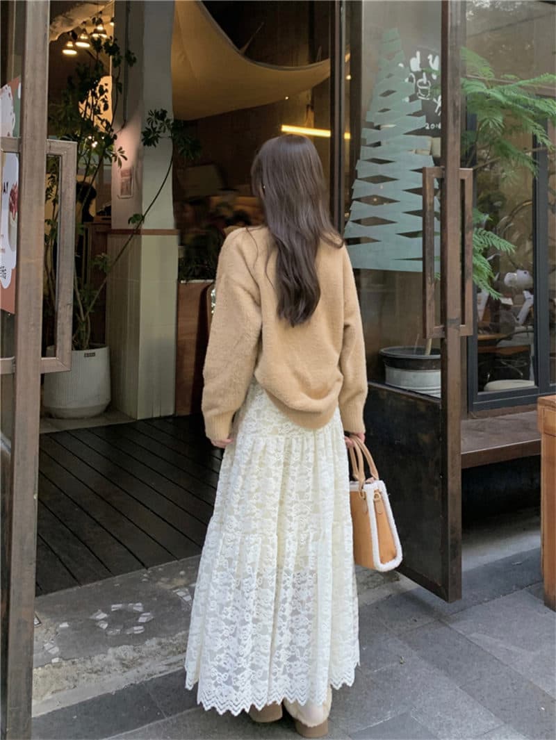 白スカート 韓国風レース白ロングスカート裏起毛エレガント