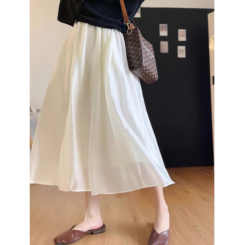 白スカート ふんわりギャザーロングプリーツスカート