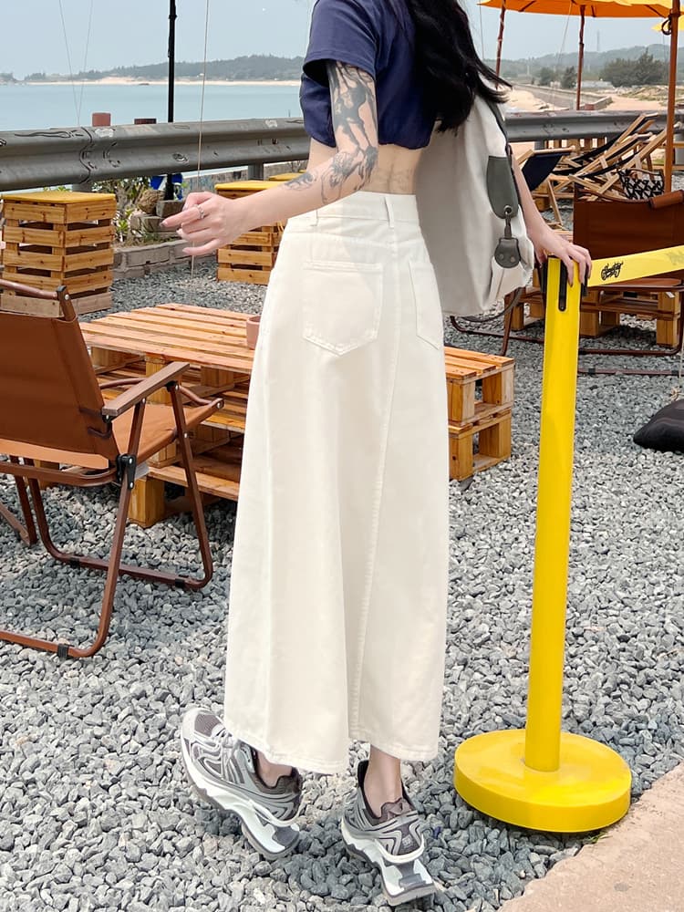 白スカート シンプルロングスリットデニムスカート