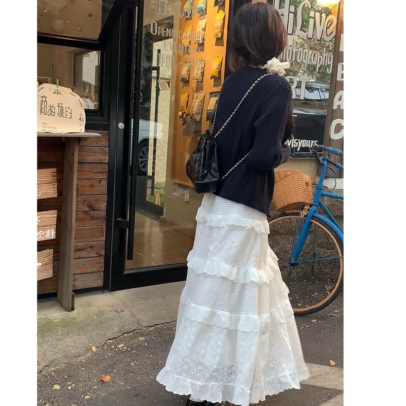 白スカート かぎ針編みティアードフリルスカート