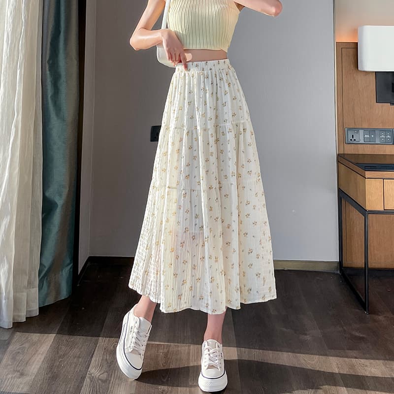 白スカート 小花柄プリーツロングスカート