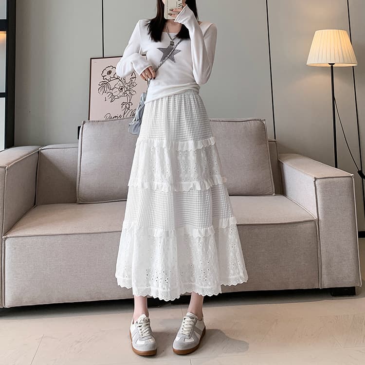 白スカート 優美な多段ティアードプリーツスカート