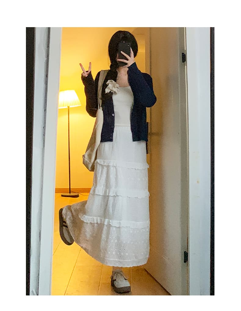 白スカート レイヤードフリルロングスカート