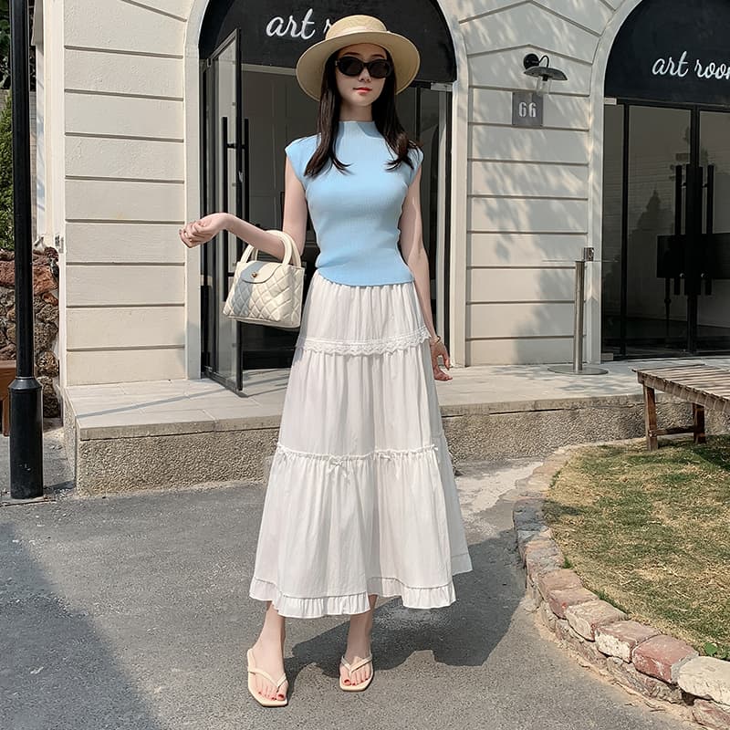 白スカート フレアシフォンロングスカート