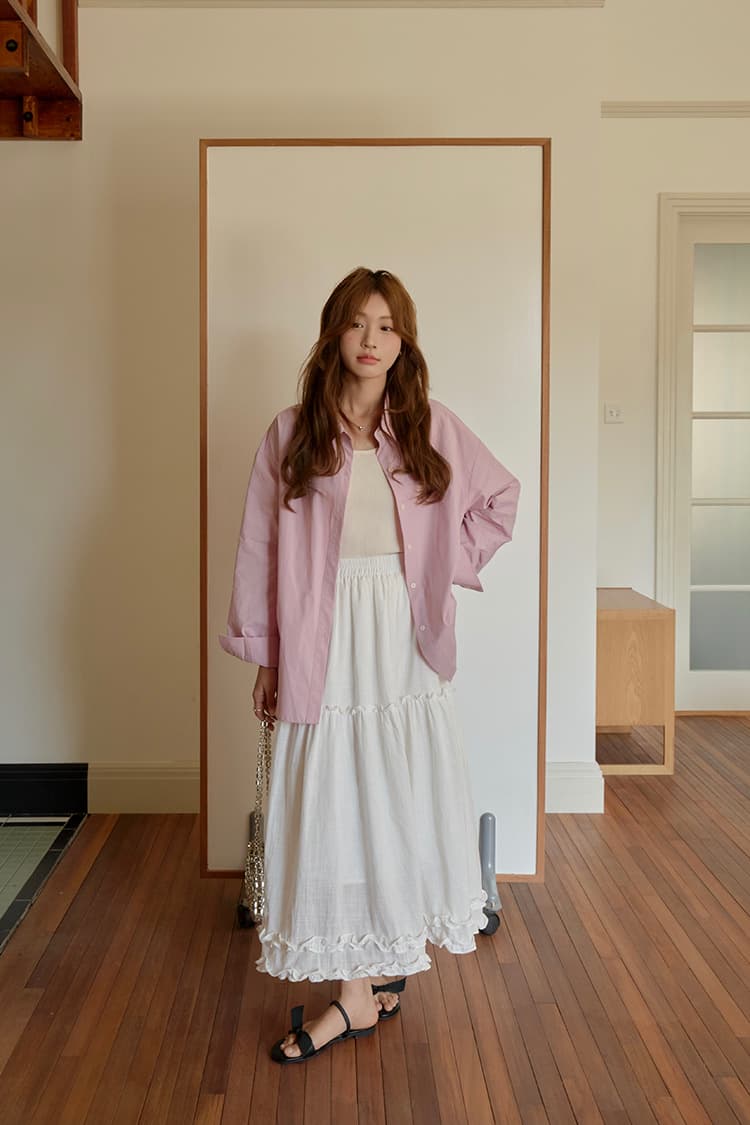 白スカート  ティアードフリルロング綿麻スカート