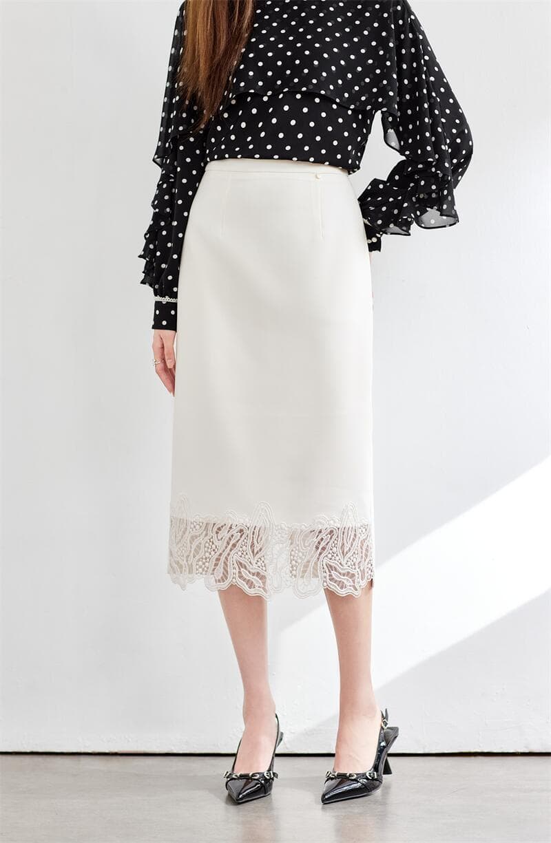 白スカート 裾レース付きペンシルスカート