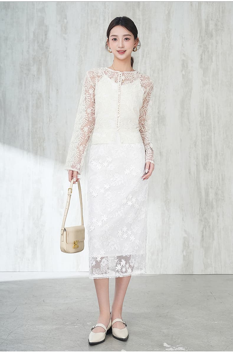 白スカート タイト総レース花柄スカート