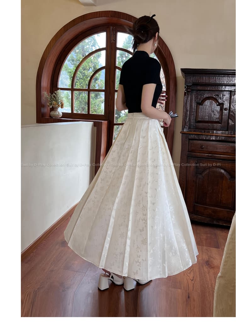 白スカート 優美な花柄ジャガードロングプリーツスカート