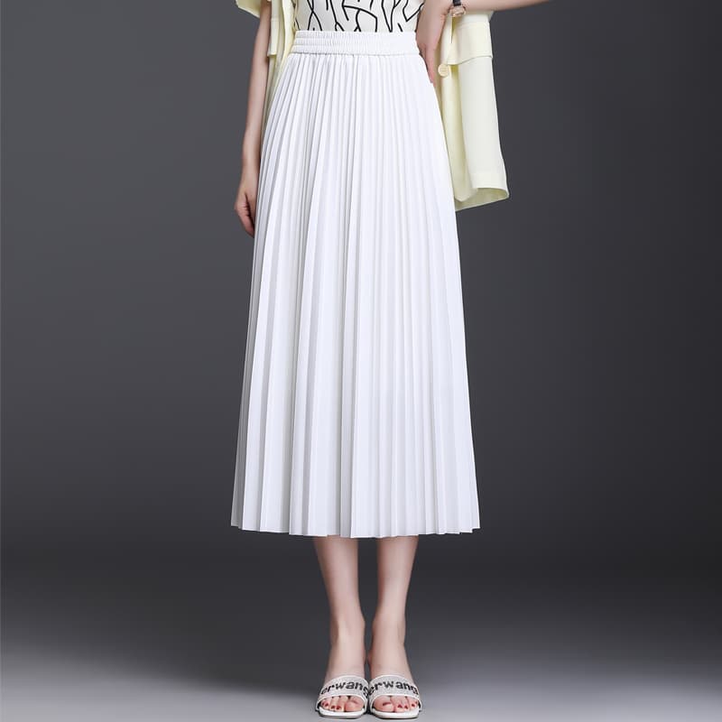白スカート エレガントプリーツロングスカート