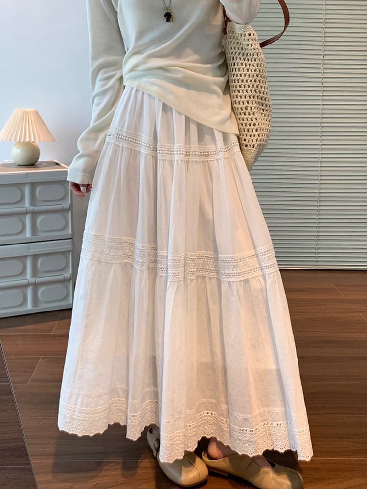 白スカート ティアードレース切替ロングスカート