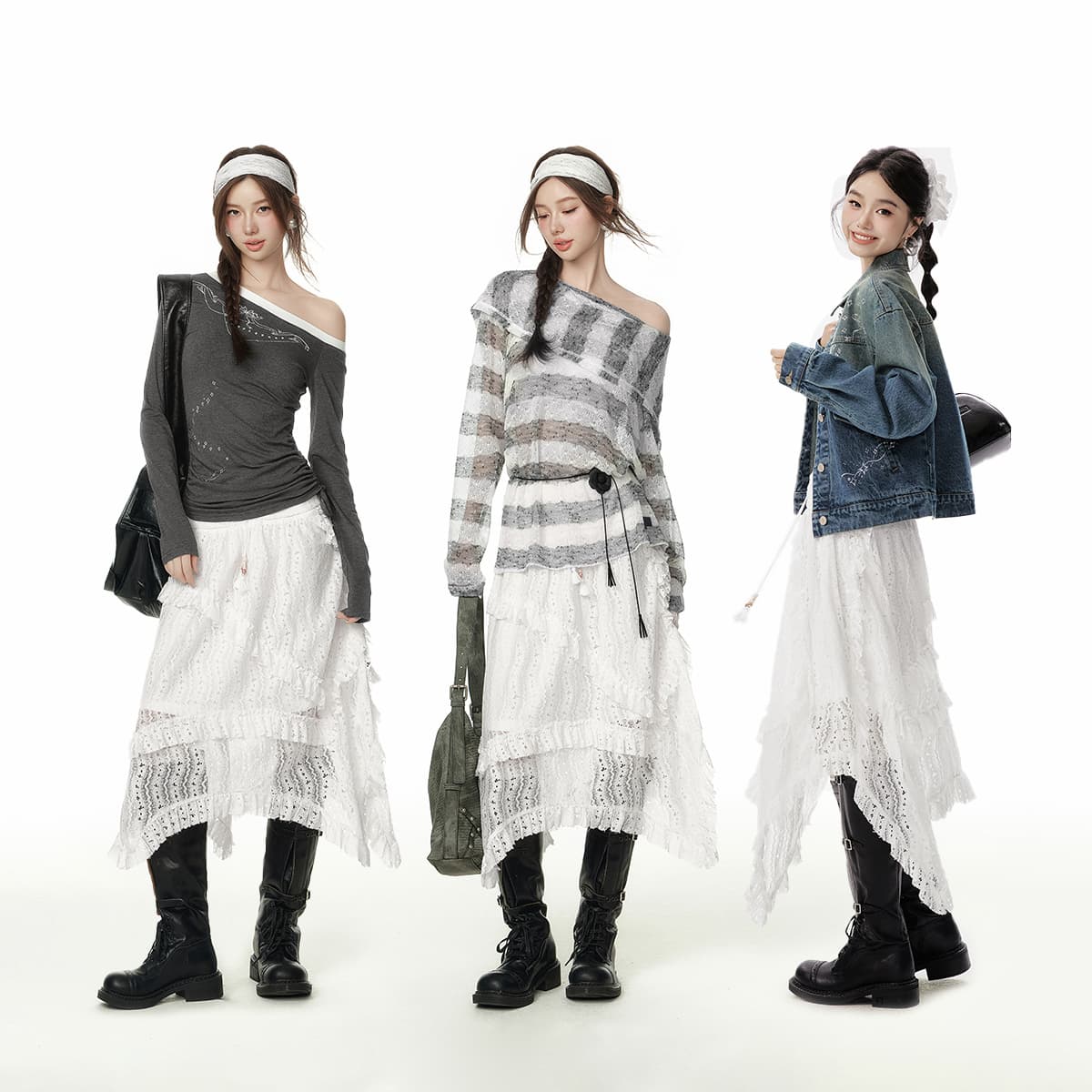 白スカート レイヤード重ねレース ミディ丈スカート