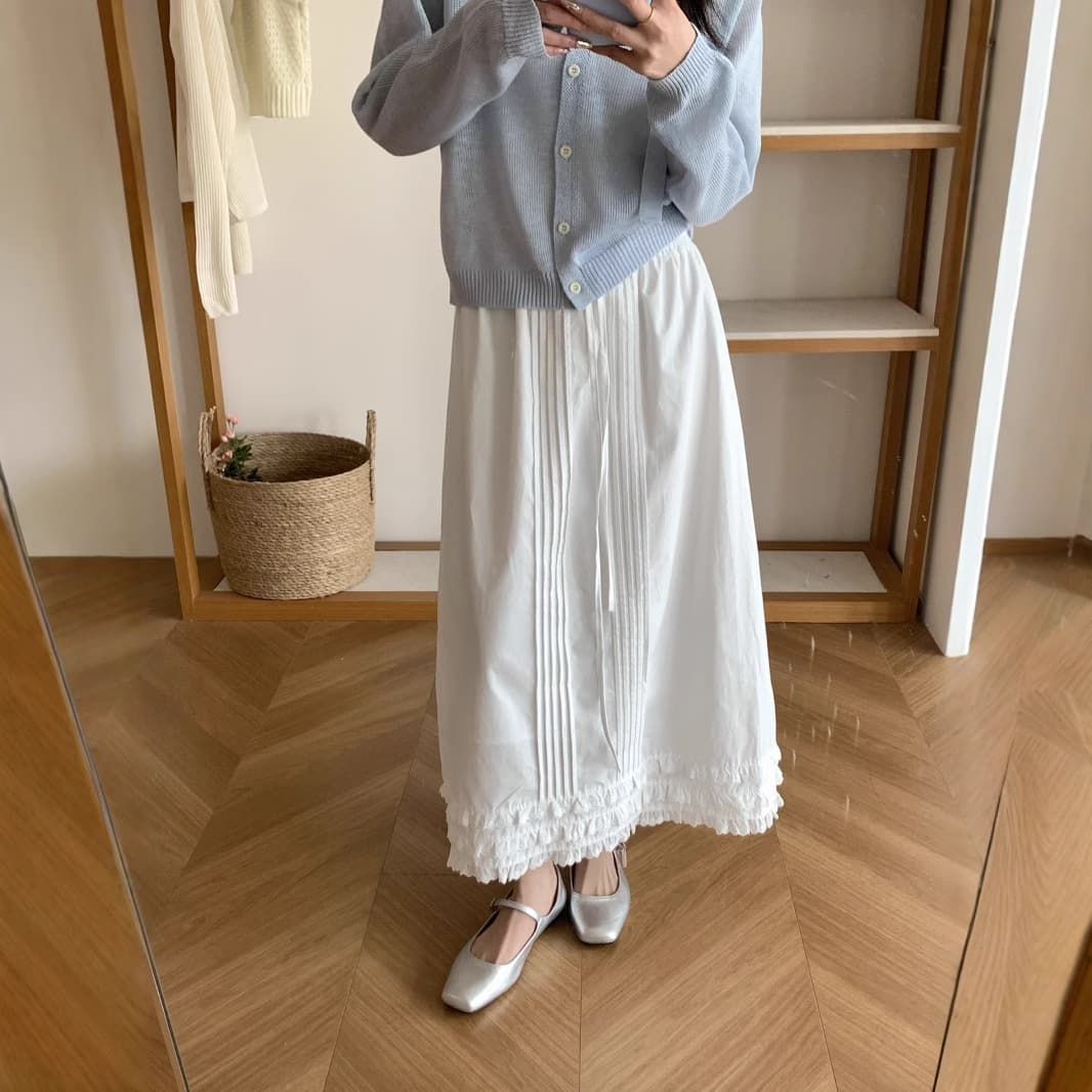 白スカート ふんわり裾フリルプリーツロングスカート