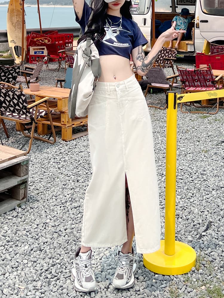 白スカート シンプルロングスリットデニムスカート