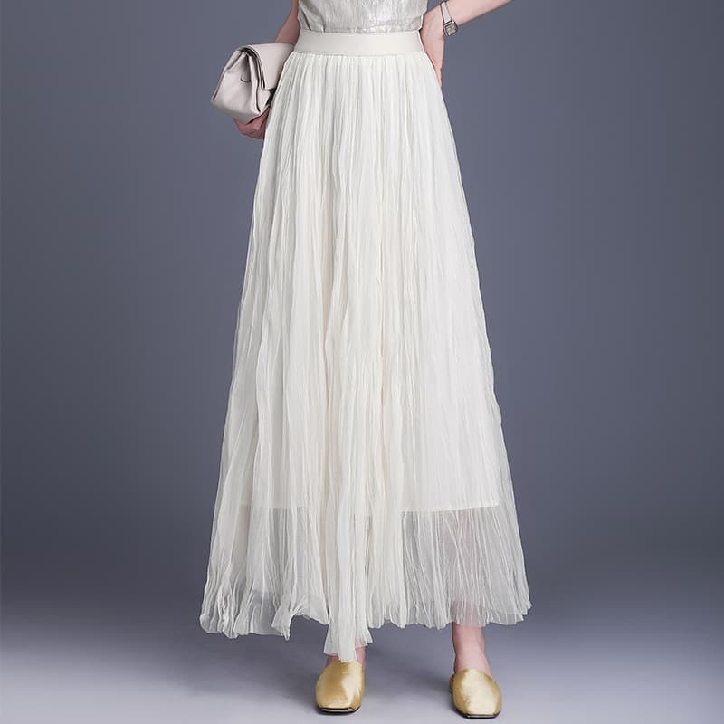 白スカート チュール重ね上品ロング丈プリーツスカート
