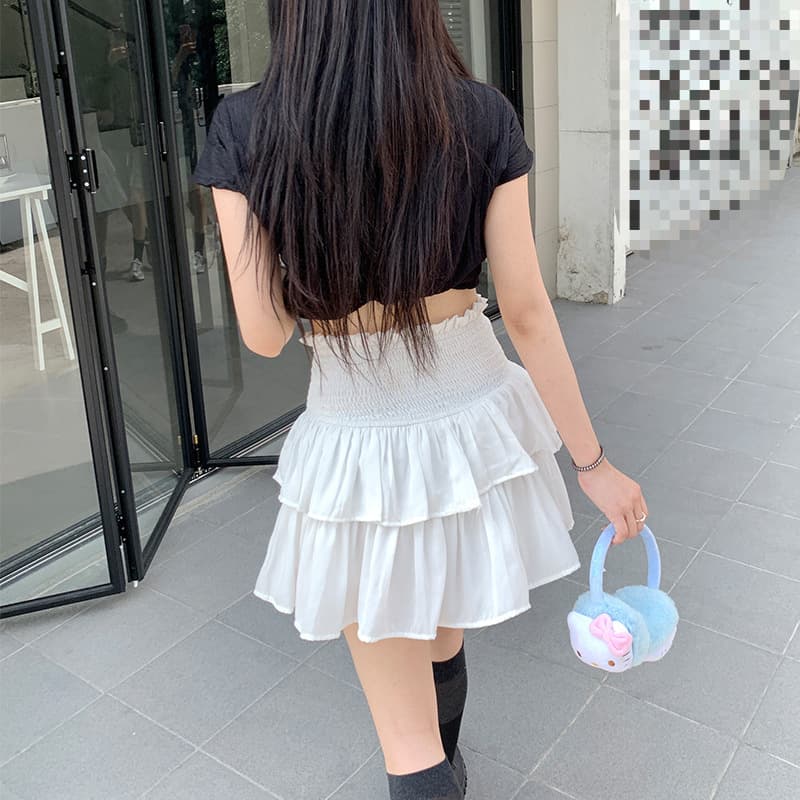 白スカート シャーリングティアードミニスカート