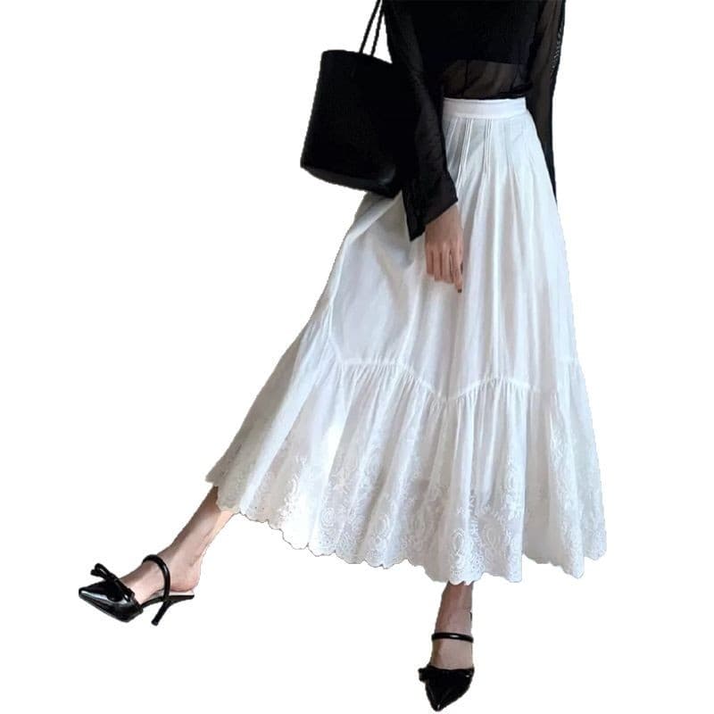 白スカート  繊細レース裾切替ティアードスカート