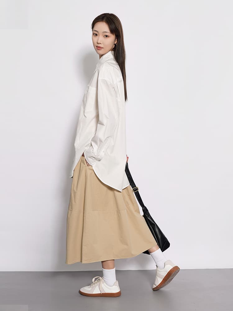 白スカート ゆったりギャザーフレアスカート