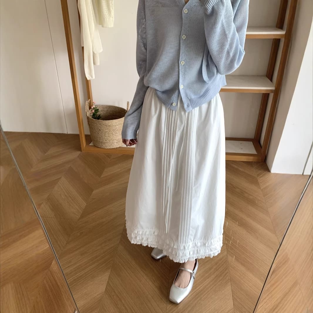 白スカート ふんわり裾フリルプリーツロングスカート