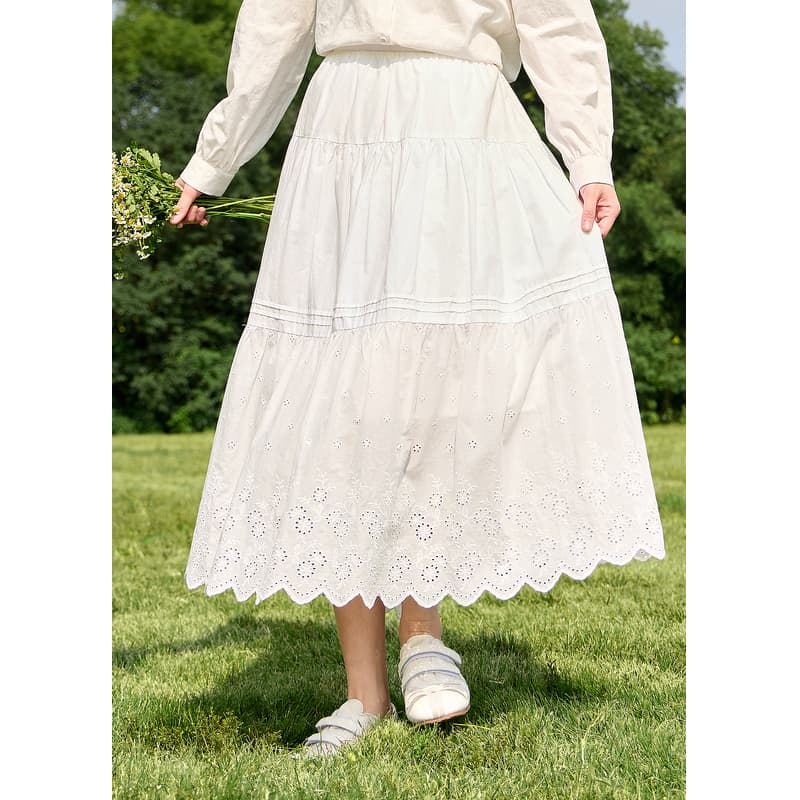 白スカート 刺繍レース ティアードスカート