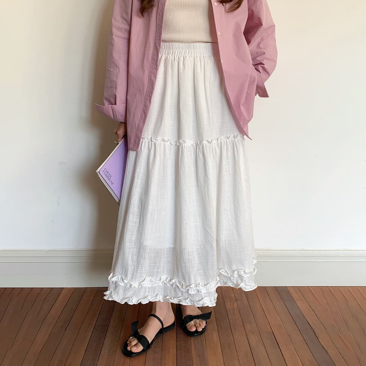 白スカート  ティアードフリルロング綿麻スカート