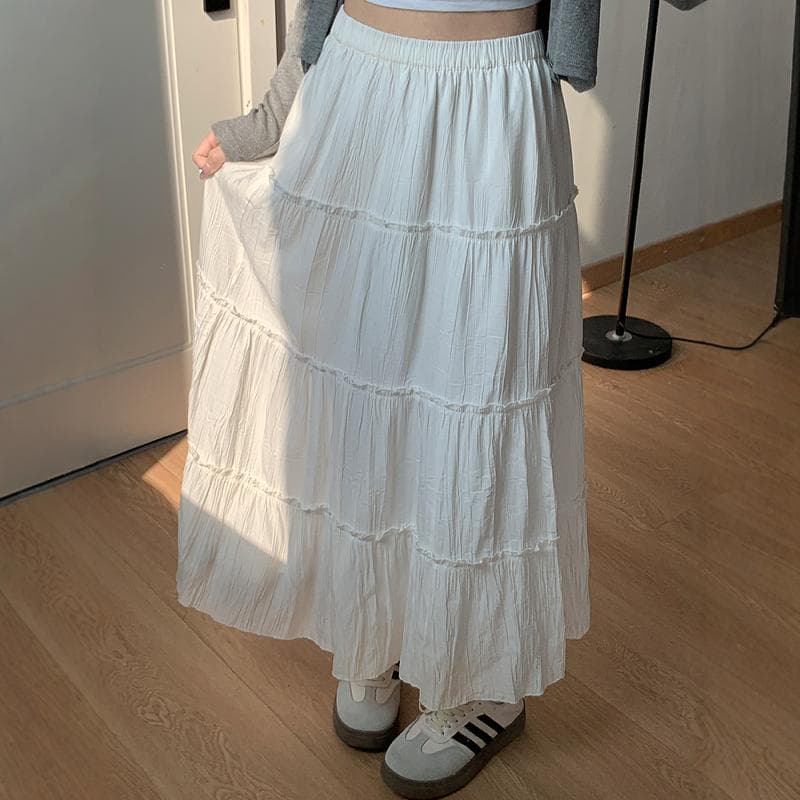 白スカート ティアードフレアロングスカート