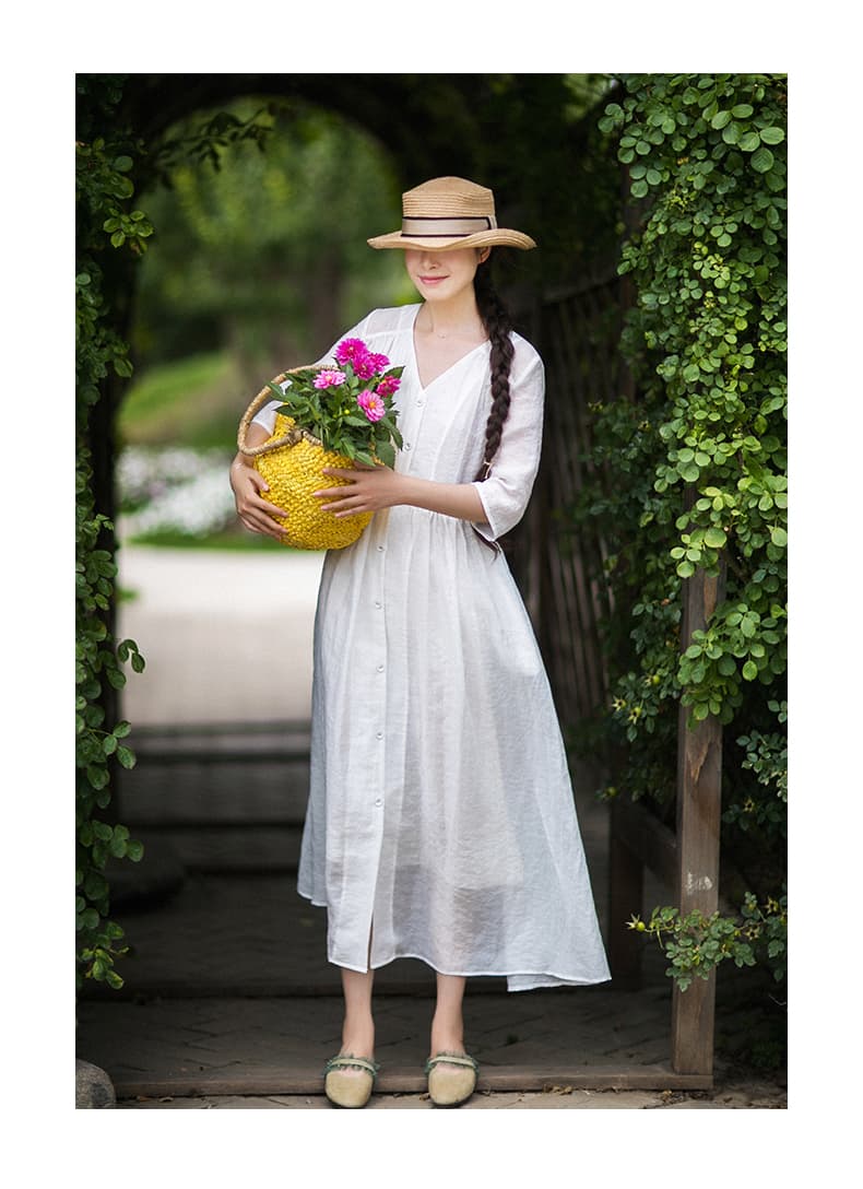 白スカート 優美な麻綿混ワンピース