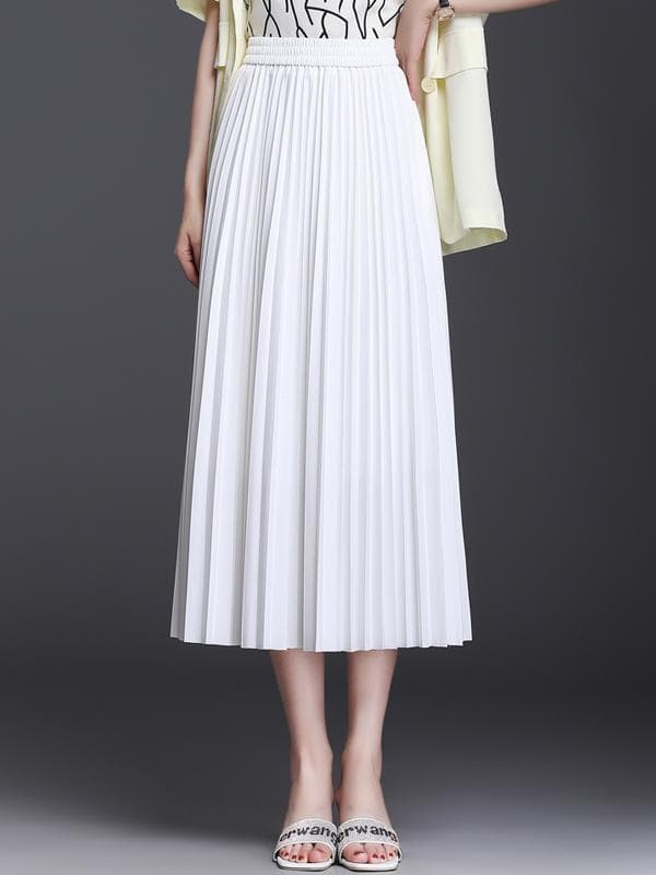 白スカート エレガントプリーツロングスカート