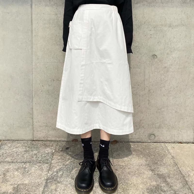 白スカート ドレープポケットフレアスカート