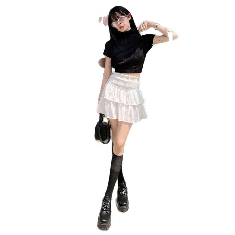 白スカート シャーリングティアードミニスカート
