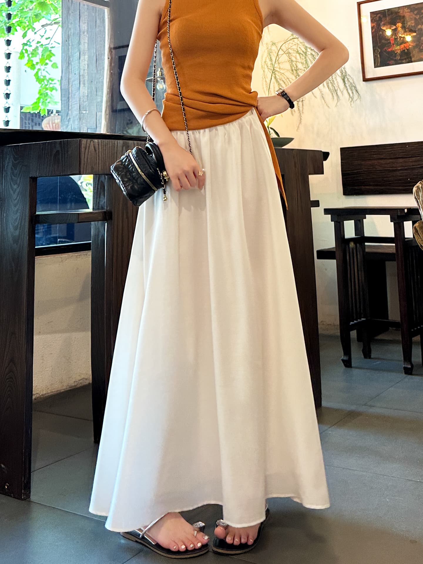 白スカート サテンロングフレアスカート