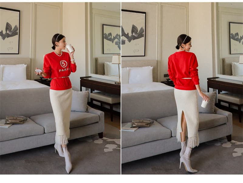 白スカート 秋冬新作 プリーツニット タッセル付き レディーススカート