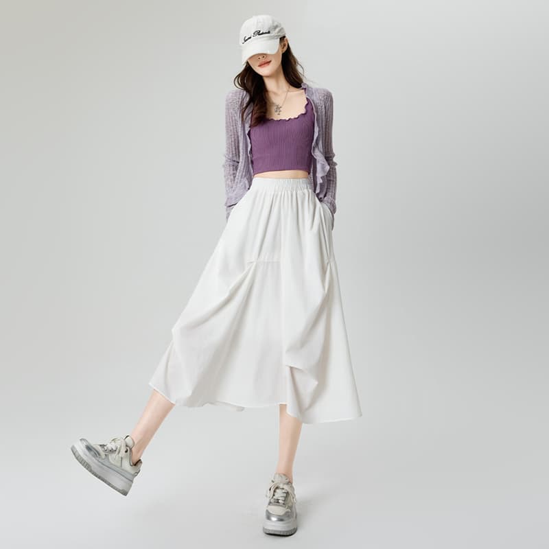 白スカート 優美なプリーツロングスカート