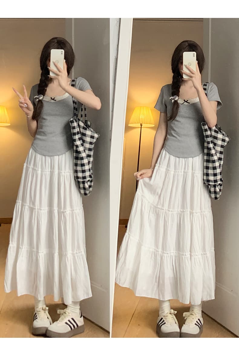 白スカート ティアードフレアマキシスカート