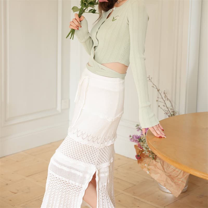白スカート マーメイド透かし編みニットスカート