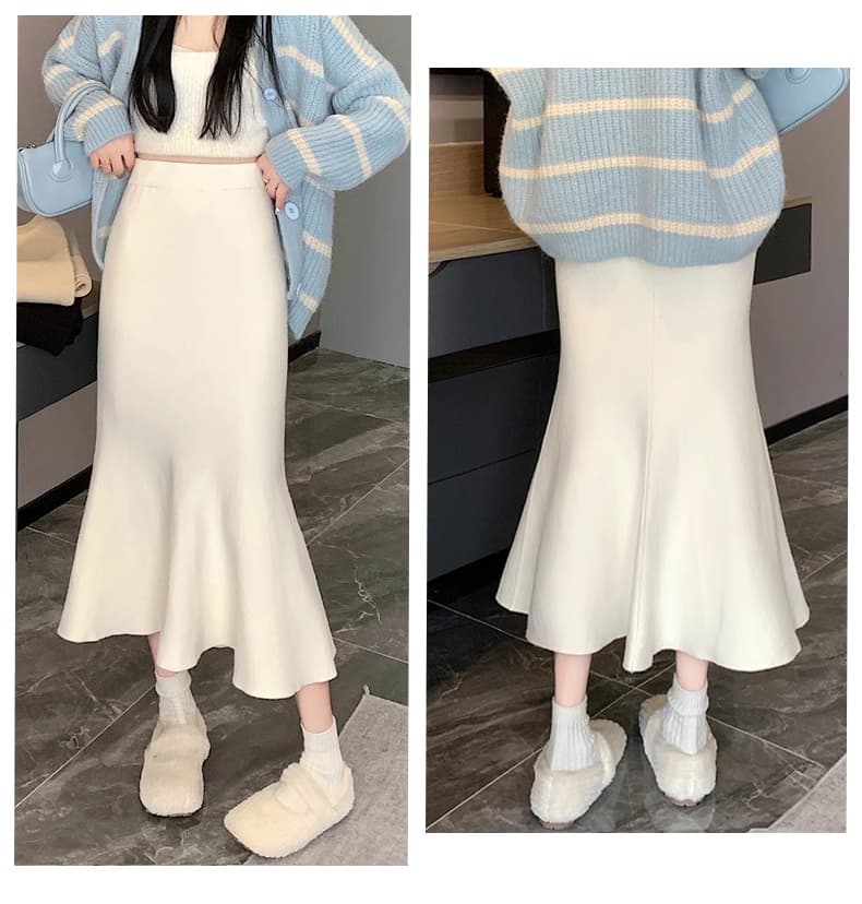 白スカート マーメイドニットスカート【裾広がり】