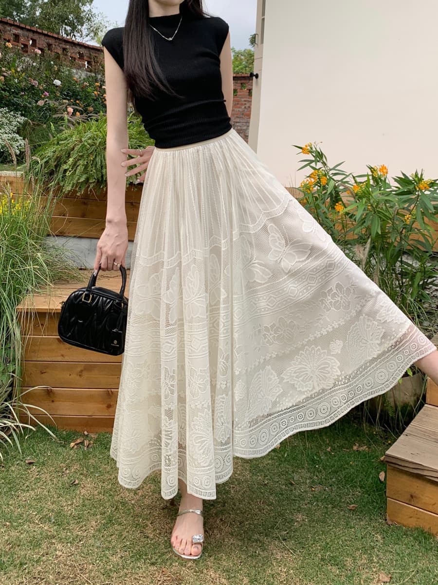 白スカート 蝶々刺繍レース重ねフレアロングスカート