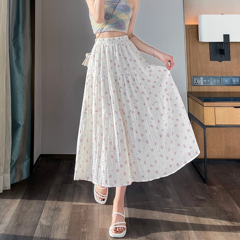 白スカート 小花柄プリーツロングスカート