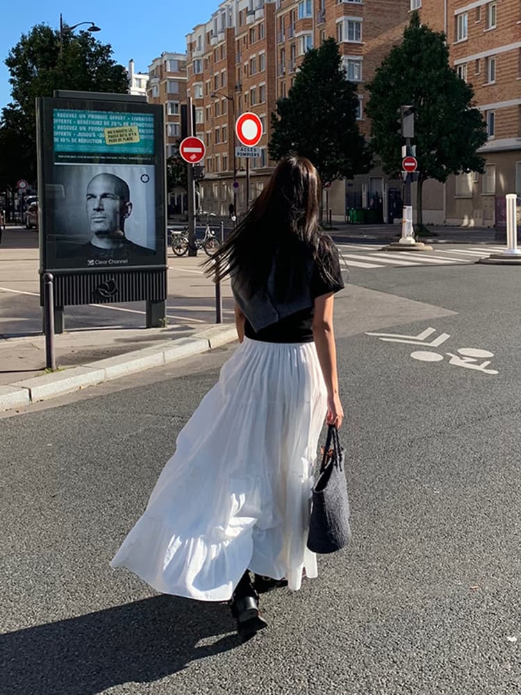 白スカート ティアードプリーツ ロングスカート