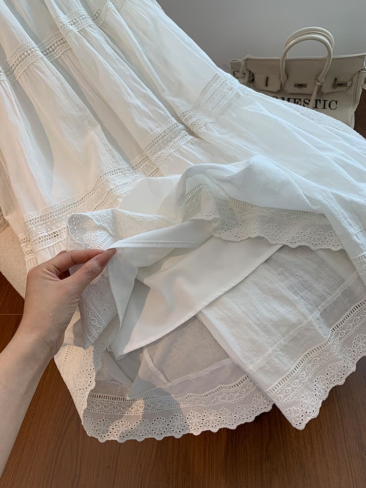 白スカート ティアードレース切替ロングスカート