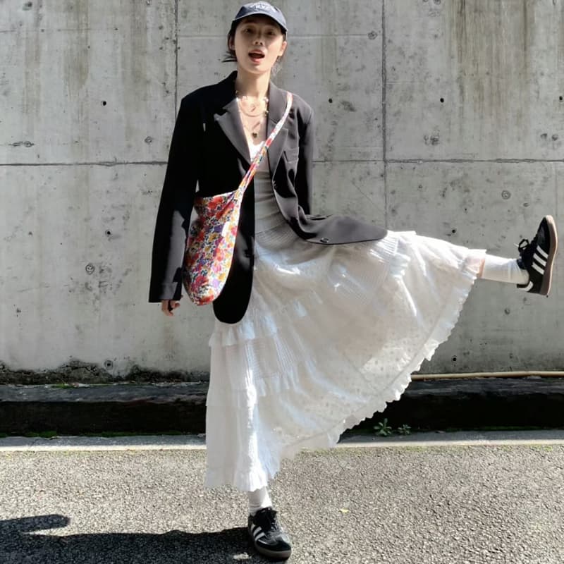 白スカート メッシュ切替フリルティアードスカート