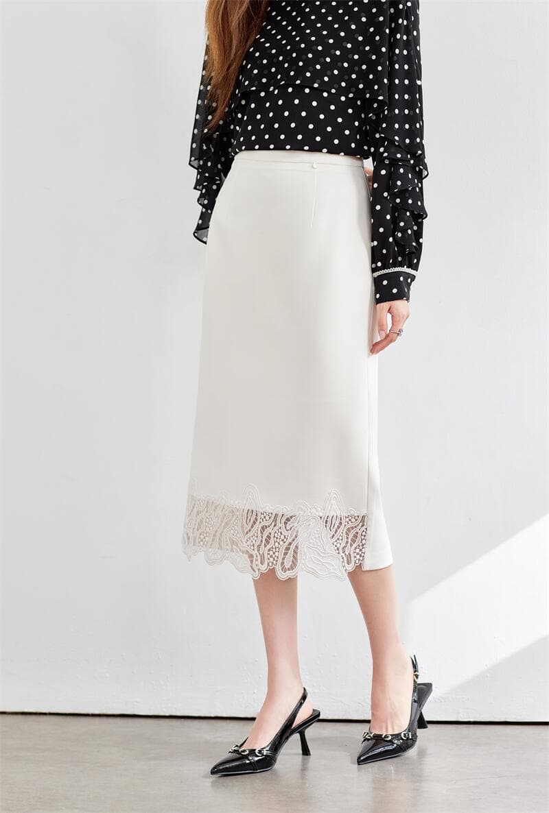 白スカート 裾レース付きペンシルスカート
