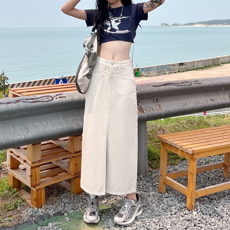 白スカート シンプルロングスリットデニムスカート