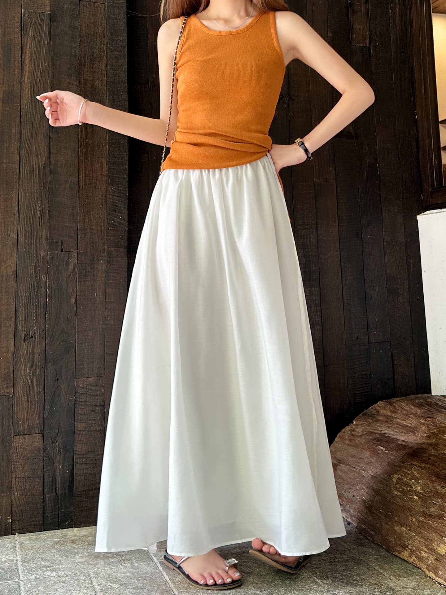 白スカート サテンロングフレアスカート